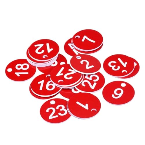 Runde Nummer Schlüsselanhänger 25 Stück 1-25 Nummernschilder Schlüsselanhänger Schilder Spind Label Gravierte ID-Tags for Kleidung Live Sale Dekoration Nummernschilder(Red) von WSQHAO