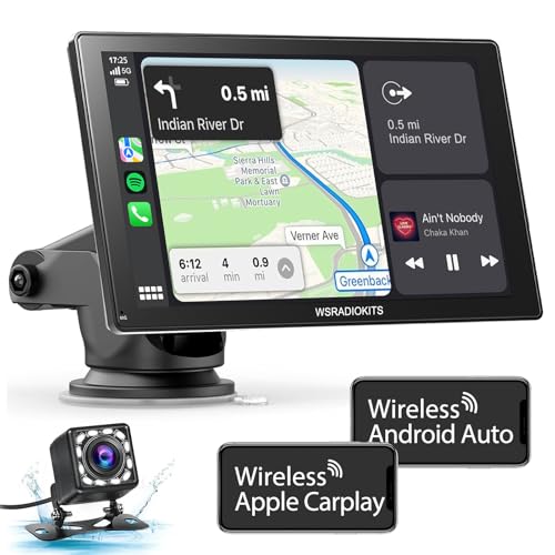 9 Zoll Wireless Carplay Display Android Auto Display, Autoradio Kabelloses Carplay Bildschirm,Android Auto Bildschirm mit AUX/FM,Rückfahrkamera,Mirror Link,Siri & G-oogle,Bluetooth für alle Fahrzeuge von WSRADIOKITS
