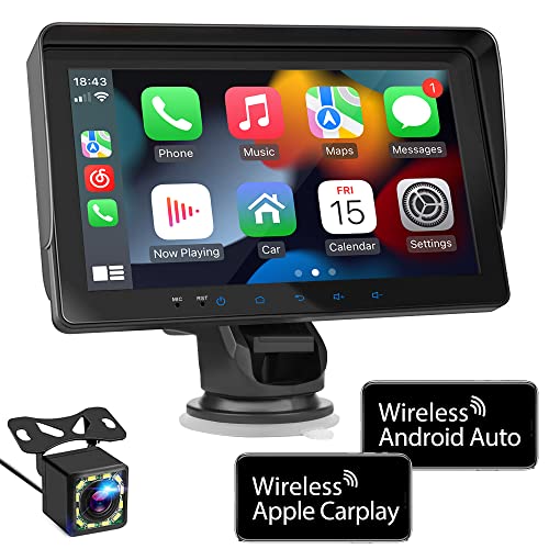 WSRADIOKITS Portable Newest Wireless Apple CarPlay and Android Auto Screen for Car, 7" HD Touch Screen Car Stereo with Mirror Link, Bluetooth 5.2, Backup Camera, AUX,FM Transmitter for All Vehicles von WSRADIOKITS