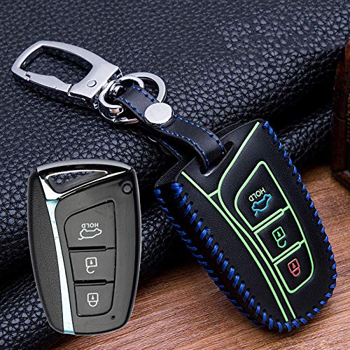 WSWJDW Leder Schlüsselanhänger Autoschlüssel Hülle Schlüsselbund Ring Schlüsseltasche, passend für Hyundai Grand Santa Fe IX45 Genesis EQUUS Azera 2013 2014 2015 2016,Blau von WSWJDW