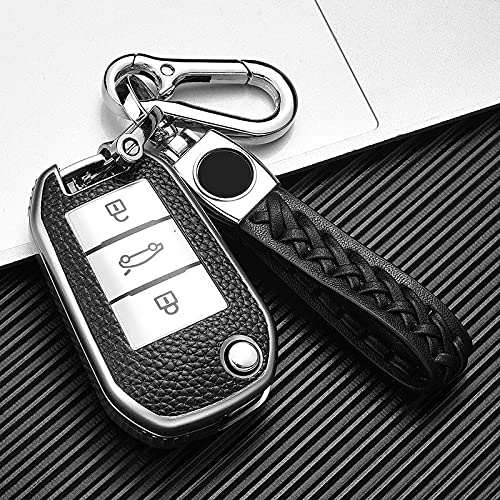 WSWJDW Leder TPU Fernbedienung Schlüsselhalter Autoschlüssel Hülle Schlüsselbund Ring Schlüsseltasche, passend für Peugeot 208 308 508 408 2008 3008 407 307 4008 Citroen C4, Silber Schlüsselanhänger von WSWJDW