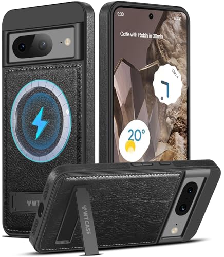 WTCASE Lederhülle für Google Pixel 8, integrierter, unsichtbarer Ständer, kompatibel mit Magsafe, schlanker Schutzhülle, kompatibel mit Google Pixel 8 (2023), Schwarz von WTCASE