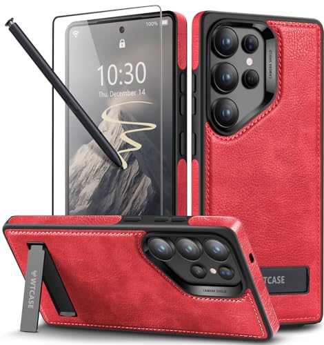 WTCASE Starke magnetische Schutzhülle für Samsung Galaxy S25 Ultra, Leder, [kompatibel mit MagSafe], schlanke, verstellbare Ständer-Handyhülle für Samsung S25 Ultra (Rot) von WTCASE