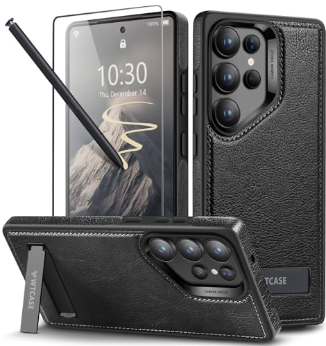 WTCASE Starke magnetische Schutzhülle für Samsung Galaxy S25 Ultra, Leder, [kompatibel mit MagSafe], schlanke, verstellbare Ständer-Handyhülle für Samsung S25 Ultra (schwarz) von WTCASE