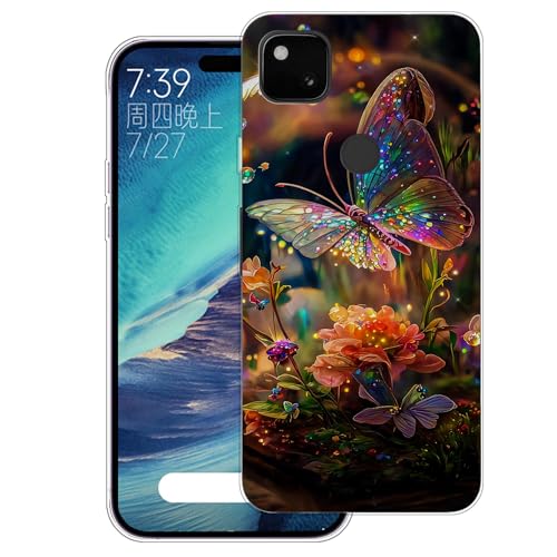 WUACYEAMING Hülle für Google Pixel 4a 4G,Aesthetic Motiv Weiche Silikon Muster TPU Bumper Stoßfest Schutzhülle Transparent Mädchen mit Cover HandyHülle case Pattern-(Blume Schmetterling) von WUACYEAMING