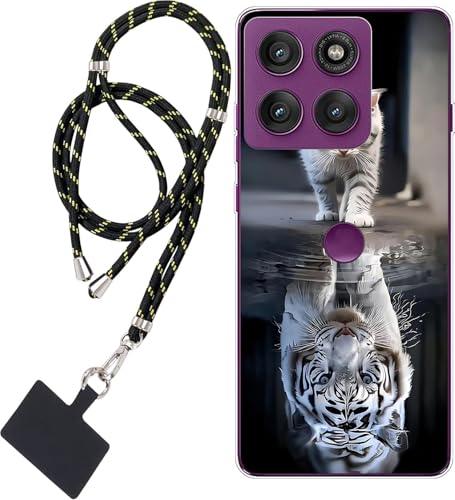WUACYEAMING Hülle für Motorola Moto G56,Mode Chic Muster Ultra Dünn TPU Silikon Schutzhülle Slim Case Cover Katze und Tiger Weißer Tiger+1*Tragbares Universal-Lanyard von WUACYEAMING