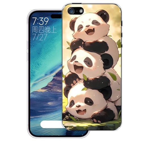 WUACYEAMING Hülle für iPhone 5/5S/SE(2016),Aesthetic Motiv Weiche Silikon Muster TPU Bumper Stoßfest Schutzhülle Transparent Mädchen mit Cover HandyHülle case Pattern-(DREI Pandas) von WUACYEAMING