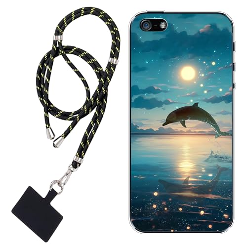 WUACYEAMING Hülle für iPhone 5/5S/SE(2016),Mode Chic Muster Ultra Dünn TPU Silikon Schutzhülle Slim Case Cover Delphin Sonnenuntergang+1*Tragbares Universal-Lanyard von WUACYEAMING