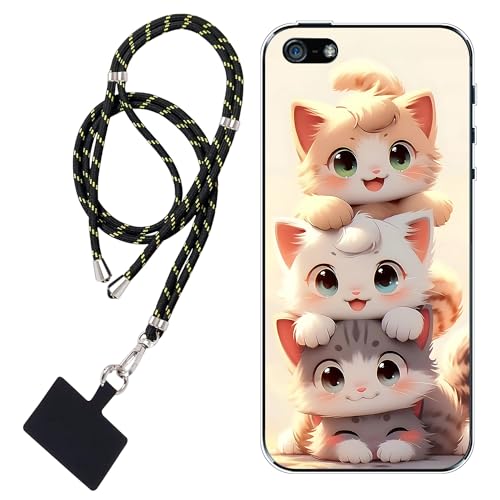 WUACYEAMING Hülle für iPhone 5/5S/SE(2016),Mode Chic Muster Ultra Dünn TPU Silikon Schutzhülle Slim Case Cover Niedliche Katze mit großen Augen+1*Tragbares Universal-Lanyard von WUACYEAMING