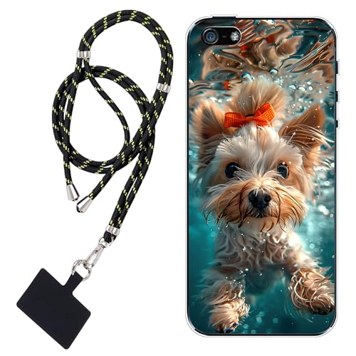 WUACYEAMING Hülle für iPhone 5/5S/SE(2016),Mode Chic Muster Ultra Dünn TPU Silikon Schutzhülle Slim Case Cover Schwimmender niedlicher Hund+1*Tragbares Universal-Lanyard von WUACYEAMING