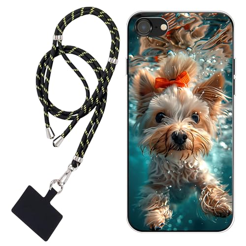 WUACYEAMING Hülle für iPhone SE (2022),Mode Chic Muster Ultra Dünn TPU Silikon Schutzhülle Slim Case Cover Schwimmender niedlicher Hund+1*Tragbares Universal-Lanyard von WUACYEAMING