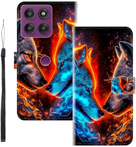 WUACYEAMING für Motorola Edge 60 PRO Hülle Premium PU Leder Flip Klappbare Stoßfeste Magnetische Schutzhülle Tasche mit Kartenfach Geld Slot Ständer Zwei Wölfe von WUACYEAMING