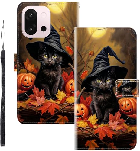 WUACYEAMING für ONEPLUS 13T Hülle Premium PU Leder Flip Klappbare Stoßfeste Magnetische Schutzhülle Tasche mit Kartenfach Geld Slot Ständer Kürbis Katze von WUACYEAMING