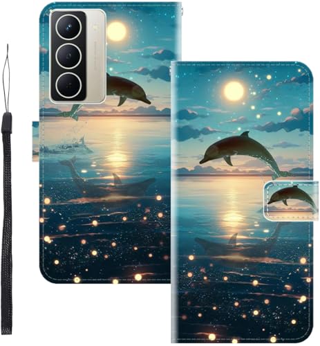 WUACYEAMING für REALME NARZO 80X 5G Hülle Premium PU Leder Flip Klappbare Stoßfeste Magnetische Schutzhülle Tasche mit Kartenfach Geld Slot Ständer Delphin von WUACYEAMING