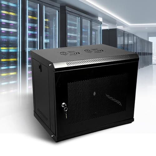 WUDLEP Datenserver-Rack-Datenschrank, 9U, 400 mm tief, wandmontiert, schwarzes Speicherregal für 48,3 cm (19 Zoll) IT-Geräte, A/V-Geräte, Serverraum-Computerausrüstung mit Netztür, Kühlventilator von WUDLEP
