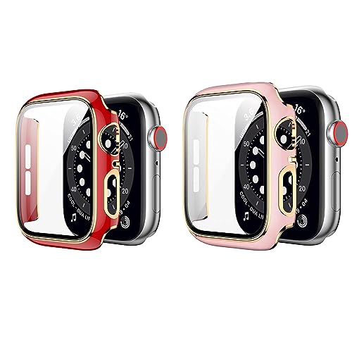 WUDQIJI 2 Stück Schutzhülle Hard Hülle mit Glas Displayschutz Rundum Schutzhülle HD Ultradünne PC Schutz Case für Apple Watch Series 8 Series 7 45mm (Rot Rosa 45MM) von WUDQIJI