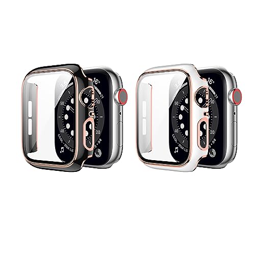 WUDQIJI 2 Stück Schutzhülle Hard Hülle mit Glas Displayschutz Rundum Schutzhülle HD Ultradünne PC Schutz Case für Apple Watch Series 8 Series 7 45mm (Schwarz Weiß 45MM) von WUDQIJI