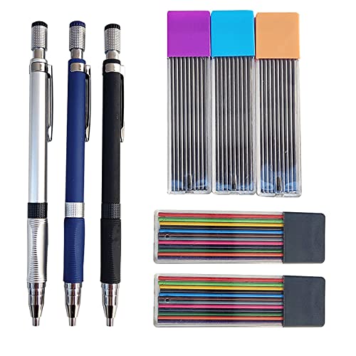 WUDQIJI Druckbleistifte Set 3 Stück 2,0 mm Mechanische Bleistifte Druckbleistift-Set Mechanical Pencil Set Fallminenstift mit 2 Kiste Farbige und 3 Kiste Schwarze Nachfüllungen zum Zeichnen Schreiben von WUDQIJI
