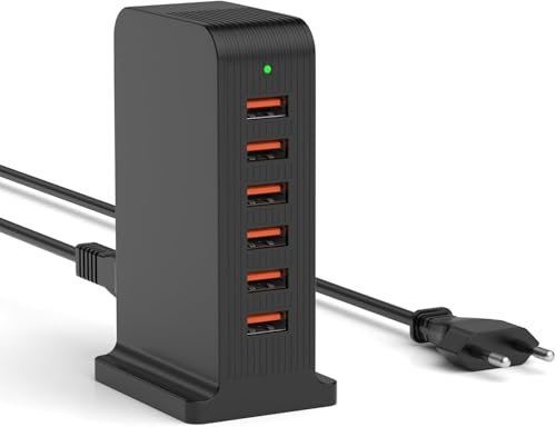 USB Ladegerät Mehrfach 50W 6 Port, Mehrere USB Ladegeräte, Desktop USB Ladegerät für iPhone XR/XS Max/X / 8 Plus / 8, Samsung Galaxy S9 + / S8 / Huawei P30 / P20 / HTC/LG (Schwarz) von WUKUR