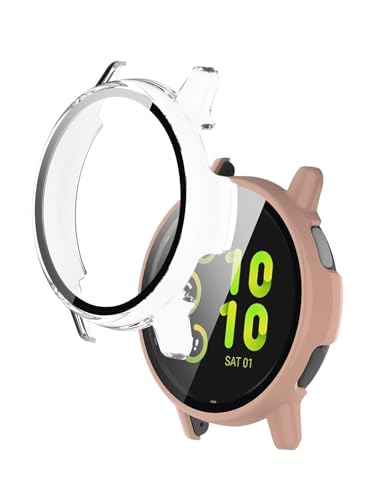 Schutzhülle für Garmin-vivoactive® 6 Gesundheits- und Fitness-GPS-Smartwatch, WUNIAK harter PC-Displayschutz, 9H-Hartglas, ultradünn, vollständige Abdeckung, stoßfest, 2 Stück, transparent + rosa von WUNIAK