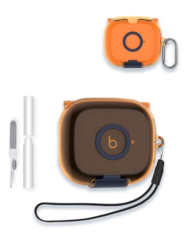Schutzhülle für kabellose Bluetooth-Ohrhörer von Beats Powerbeats Pro, WUNIAK weiche TPU-Schutzhülle, Fallschutz, stoßfest, mit Schlüsselanhänger und Reinigungsset, Uni, transparent orange von WUNIAK