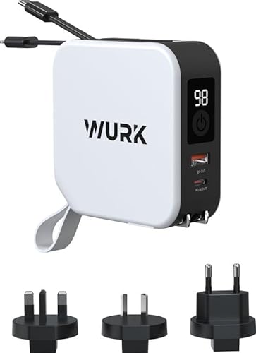 Wurk 5-in-1 PowerPack – Powerbank – kabelloses Ladegerät – Reisestecker – 10.000 mAh – schnelles Aufladen – integriertes USB-C- und L-Kabel [Weiß] von WURK