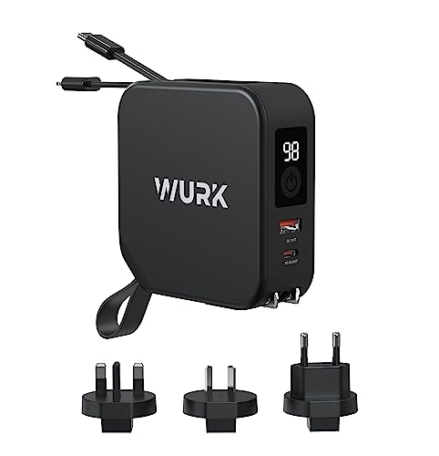 Wurk 5-in-1 PowerPack – Powerbank – kabelloses Ladegerät – Reisestecker – iPhone-Ladegerät – Samsung-Ladegerät – 10.000 mAh – schnelles Aufladen – integriertes USB-C- und L-Kabel [Schwarz] von WURK