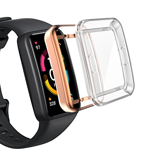 WUWOCJ Displayschutzfolie Hülle Kompatibel mit Huawei Band 7/Huawei Band 6/Huawei Band 6 Pro/Honor Band 6 TPU Bumper All-Around Schutzhülle (Rose Gold/Clear) von WUWOCJ
