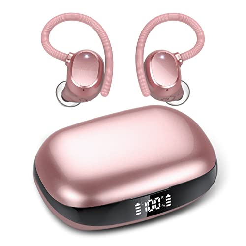 Bluetooth 5.3 Kopfhörer Sport, In Ear Kabellos Stereo mit HD Mic, 48 Std Spielzeit mit Ladekoffer LED Anzeige, Tiefer Bass, IP7 wasserdichte Lauf mit Ohrhaken für Sport Rose Gold von WUYI