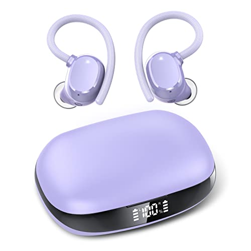 Bluetooth 5.3 Kopfhörer Sport, In Ear Kopfhörer Kabellos Stereo mit HD Mic, 48Std Spielzeit mit Ladekoffer LED Anzeige, Tiefer Bass, IP7 wasserdichte Lauf Kopfhörer mit Ohrhaken für Sport, Violett von WUYI