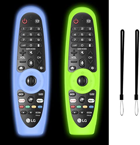 WUZUN 2PCS Schutzhülle für LG AN-MR600 / MR650 / MR18BA / MR19BA / MR20GA Magic Remote Control, rutschfeste, Stoßfeste Silikon-Fernbedienungshülle die im Dunkeln Leuchtet mit Lanyard (Blau+ Grün) von WUZUN