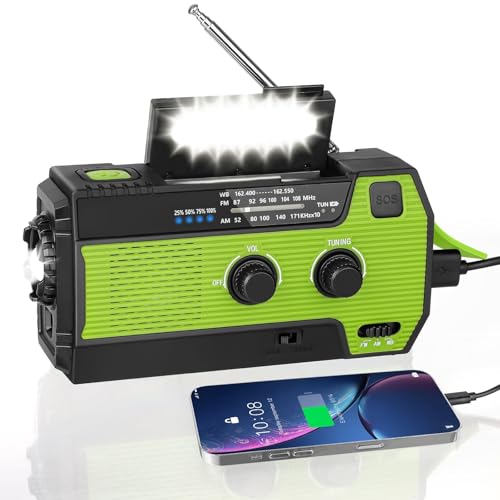 WVL Notfallradio 4000mAh/14800mWh NOAA Wetterradio Notfall Kurbelradio mit Wetterwarnung AM/FM/NOAA, Taschenlampe, Leselampe, Handy-Ladegerät und Sirene von WVL