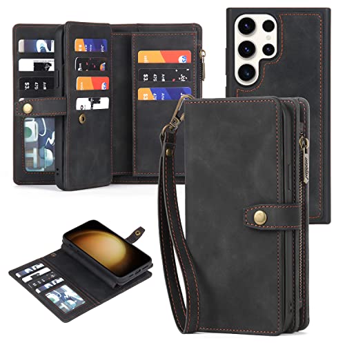 Kompatibel mit Samsung Galaxy S23 Ultra 5G Wallet Case Lanyard Handschlaufe Kartenhalter und Leder Multifunktion 2-in-1 abnehmbare magnetische Handyhülle für S23ultra 23S S 23 S23ultra5ga schwarz von WWAAYSSXA