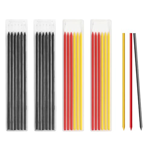 WWYSSZ 24 Stück 2,8 mm Minen Bleistiftminen für Tischler Bleistift Tieflochmarker Ersatzminen HB für Zimmermannsbleistift, für Zimmerei, Skizzen, Anritzen (Rot, Gelb, Schwarz) von WWYSSZ