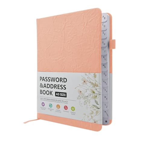 WWYSSZ Passwortbuch mit Alphabetischen Tabs, Adressbuch B6 mit Register A-Z Passwörter Notizbuch Passwort Manager, Platz für 480 Passwörter, mit Innentasche,Gummiband, Stiftschlaufe (13*19 cm, Rosa) von WWYSSZ