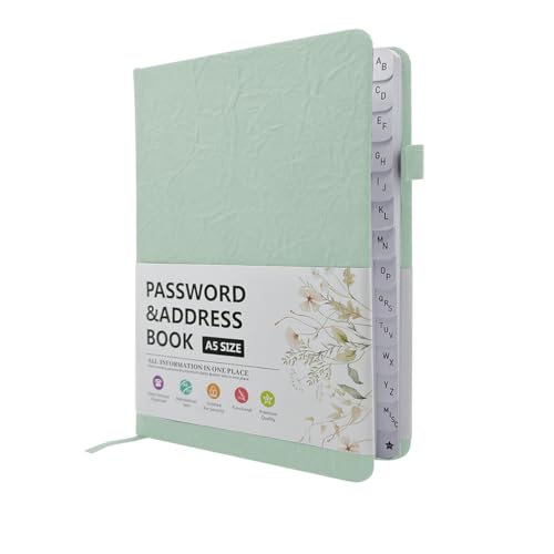 WWYSSZ Passwortbuch mit Alphabetischen Tabs, Adressbuch B6 mit Register A-Z Passwörter Notizbuch Passwort Manager, Platz für 480 Passwörter, mit Stiftschlaufe, Innentasche,Gummiband (13*19 cm, Grün) von WWYSSZ