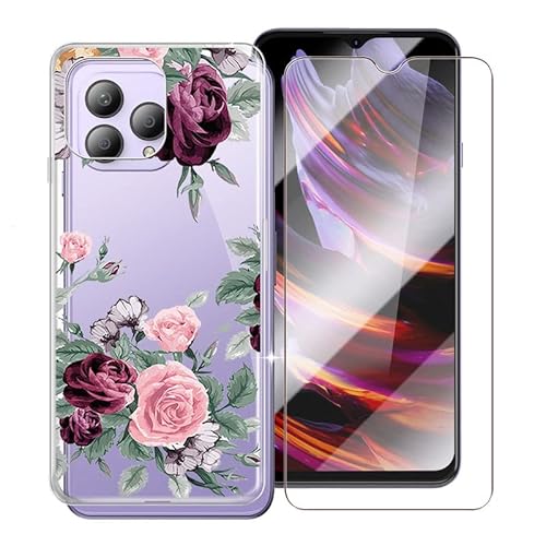 WXPPJ Hülle für Cubot P80 (6.58"), Transparent Silikon Handyhülle Stoßfeste Kratzfeste Schutzhülle Cover Weiche TPU Case + 9H Härte Glas Schutzfolie für Cubot P80 - Rose Flower von WXPPJ