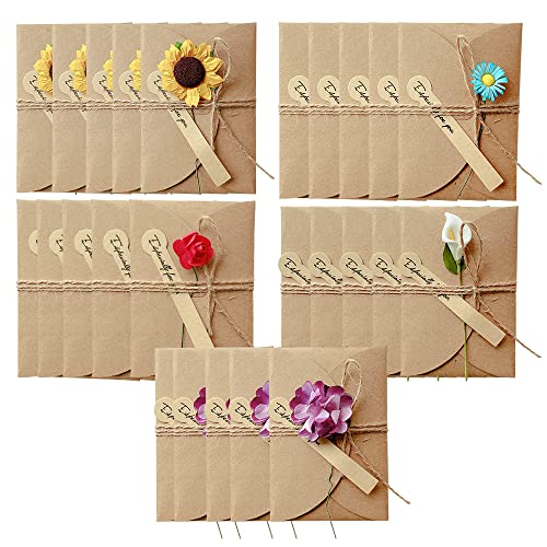 WYAN 25 Stück Getrocknete Blumen Grußkarten mit Kraftumschlag,5 verschiedene Arten von Blumen,Handgefertigte Grußkarten,Dankskarten(105 * 71mm) von WYAN