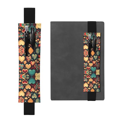 Schwarzes Leder-Stifthalter, Lesezeichen, buntes Herzbild, Premium-PVC-Leder, elastisches Band, Design für Notizbücher, Tagebücher und Planer Schwarzes Leder-Stifthalter, Lesezeichen, buntes Herzbild, Premium-PVC-Leder, elastisches Band, Design für Notizbücher, Tagebücher und Planer von WZYWHJ