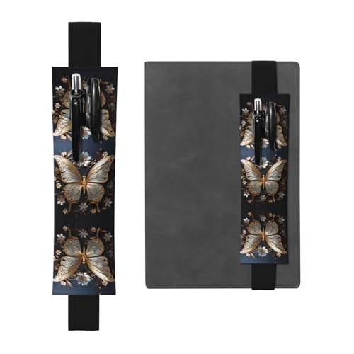 Schwarzes Leder-Stifthalter, Lesezeichen, goldfarbene weiße Schmetterlinge, Bild, Premium-PVC-Leder, elastisches Band, Design für Notizbücher, Tagebücher und Planer Schwarzes Leder-Stifthalter, Lesezeichen, goldfarbene weiße Schmetterlinge, Bild, Premium-PVC-Leder, elastisches Band, Design für Notizbücher, Tagebücher und Planer von WZYWHJ