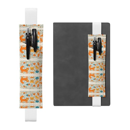 Weißes Leder-Stifthalter, Lesezeichen, WZYWHJ mit Cartoon-orangefarbenem Katzenmuster, hochwertiges PVC-Leder, elastisches Band-Design für Notizbücher, Tagebücher und Planer von WZYWHJ
