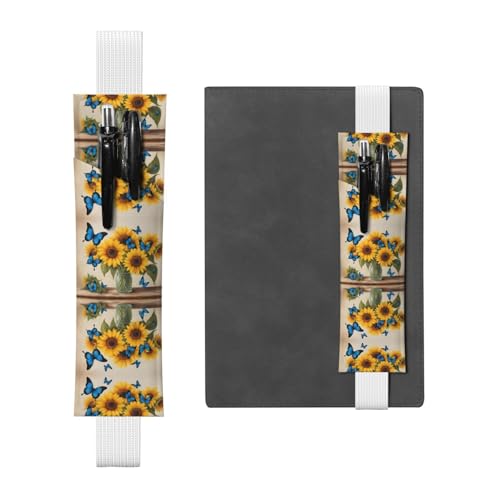 Weißes Leder-Stifthalter, Lesezeichen, gelbe Sonnenblumen mit blauen Schmetterlingen, Premium-PVC-Leder, elastisches Band, Design für Notizbücher, Tagebücher und Planer von WZYWHJ