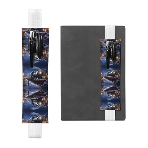 Weißes Leder Stifthalter Lesezeichen WZYWHJ Winter Weihnachten Schnee Nacht Eisenbahn Zug gedruckt – Premium-PVC-Leder Gummiband Design für Notizbücher, Tagebücher und Planer von WZYWHJ