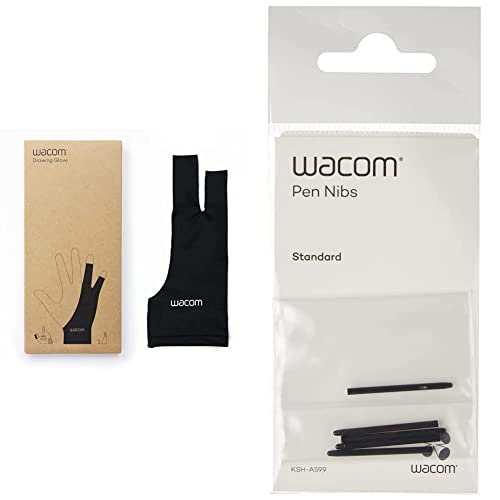 Wacom Drawing Glove – Handschuh zum Zeichnen auf dem Grafik-Display (für Rechts- und Linkshänder, Zeichenhandschuh, schwarz), Black, Unique Size & Standard Stiftspitzen, schwarz 5-TLG von Wacom