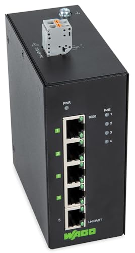 WAGO Industrial-ECO-Switch 852-1411/000-001 | mit 5 ETHERNET‐Ports 10/100/1000 MBit/s Autonegotiation und Diagnose‐LEDs auf der Vorderseite, unterstützt bis zu 8000 absolute MAC‐Adressen | unterstützt Power over Ethernet PoE+ von WAGO