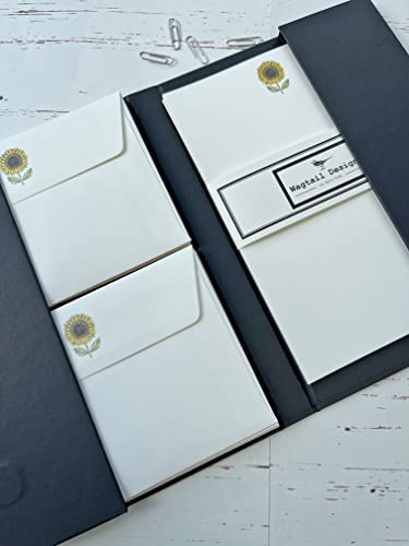Wagtail Designs Briefpapier Geschenk-Set mit Sonnenblumen-Illustration in schöner schwarzer Schreibmappe Stil Mappe mit Magnetverschluss (18 Blatt und 18 Umschläge) von Wagtail Designs