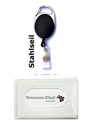 Waizmann.IDeaS® 1x Ausweisset Ausweis Set - STAHLSEIL Drahtseil Ausweisjojo Jojo Zipper Schlaufenclip Aufrollmechanismus + Ausweishülle leicht FLEXIBEL Kartenhülle Kartenhalter Schutzhülle horizontal von Waizmann.IDeaS