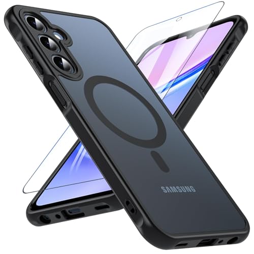 Hülle für Samsung Galaxy A15 mit Panzer Schutz Glas, Kompatibel mit MagSafe, Magnetische Militärschutz Handyhülle Stoßfest Robust Dünn Schutzfolie Schutzhülle Case Cover für Samsung A15 (Schwarz) von WakongHK