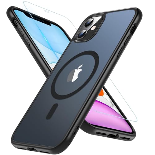 WakongHK Hülle für iPhone 11 mit Panzer Schutz Glas, Kompatibel mit MagSafe, Magnetische Militärschutz Handyhülle Stoßfest Robust Dünn Schutzfolie Schutzhülle Case Cover für iPhone 11(Schwarz) von WakongHK