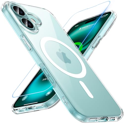 WakongHK Hülle für iPhone 16 mit Panzer Schutz Glas, Kompatibel mit MagSafe, Magnetische Militärschutz Handyhülle Stoßfest Robust Dünn Schutzfolie Schutzhülle Case Cover für iPhone 16 (Transparent) von WakongHK